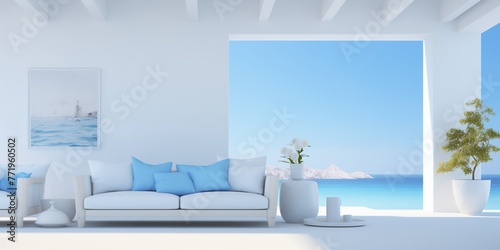 A minimalist interior adorned with serene sky blue and crisp white tones, evoking a sense of tranquil sophistication. © NB arts