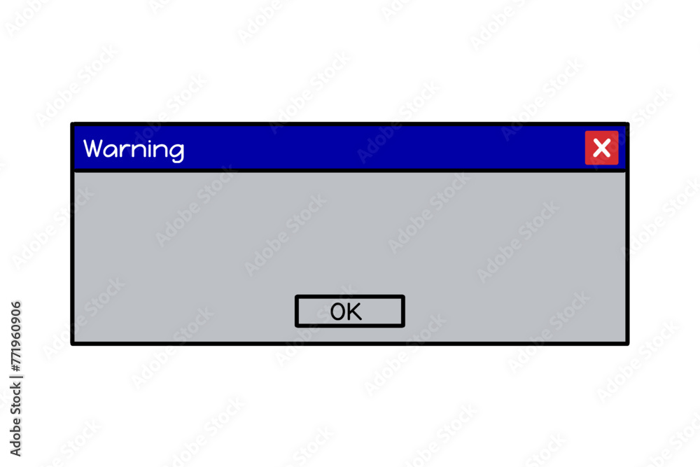 Old computer interface, error warning computer notification popup, vintage flat style vector illustration copy space for text isolated on white and transparent background
