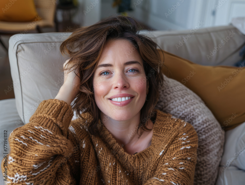 Portrait of a young beautiful woman at home wearing a cozy knitwear