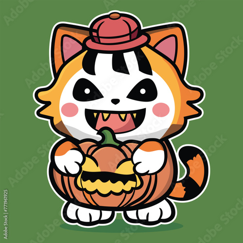 Cute cat hand pumpkin monster trying to scare vector illustration
