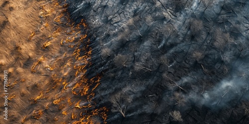 Aerial perspective of forest and field fire aftermath, showing burnt ground and black ash layer, shot from low height with downward view, Generative AI 