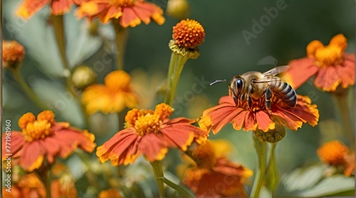 Honey bee covered with yellow pollen drink nectar, pollinating orange flower. Inspirational natural floral spring or summer blooming garden or park background