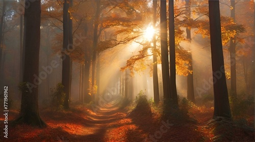 Tourists trekking amazing autumn forest in the morning sunlight Red and yellow leaves on trees in the forest golden forest landscape