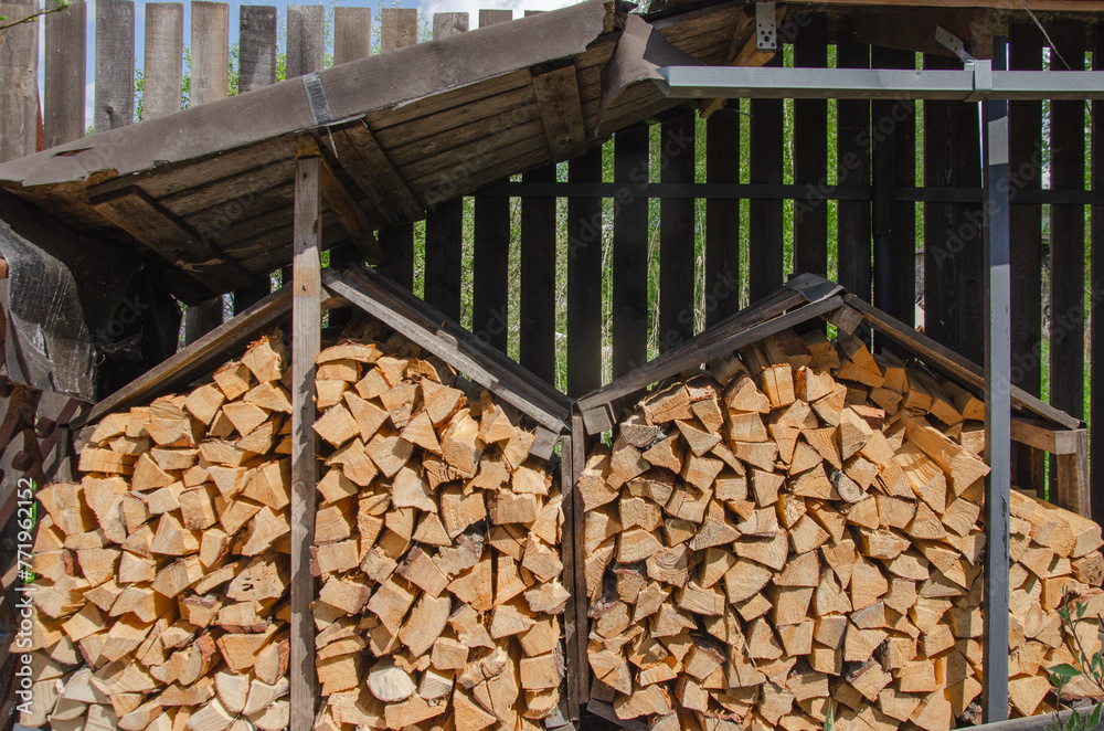 Firewood is prepared for the cold and stacked under a canopy Firewood is prepared for the cold and stacked under a canopy