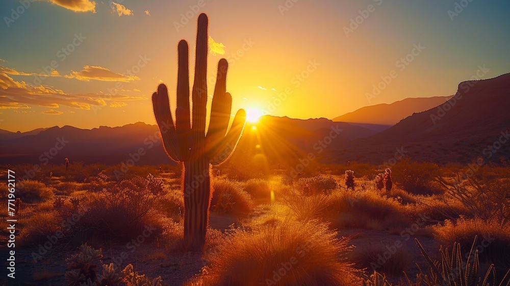 Towering cactus set against the golden hues of a desert sunset.
 - obrazy, fototapety, plakaty 