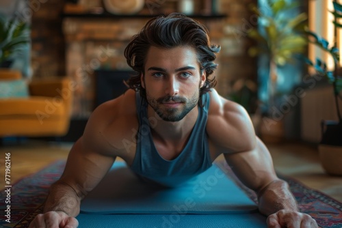 Portrait of a young attractive sporty man doing push-up or plank sport exercises lying on yoga mat on the floor in the living room at home. Fitness, workout and home training, Generative AI