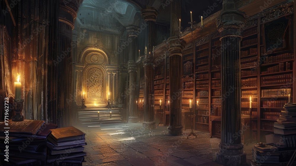 An ancient library with towering bookshelves, hidden alcoves, and magical glowing manuscripts. Resplendent.