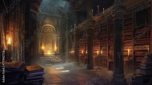 An ancient library with towering bookshelves, hidden alcoves, and magical glowing manuscripts. Resplendent.