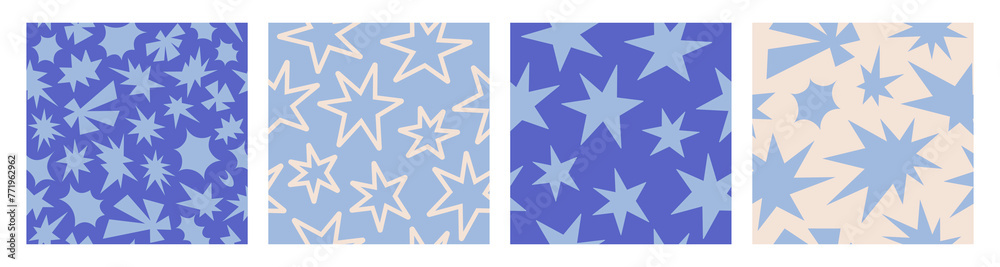 Set monochrome seamless patterns with simple groovy stars. Colorful kids print, printable childish texture for wallpaper, fabric, textile, wrapping paper. Blue and beige colors. Vector illustration Set monochrome seamless patterns with simple groovy stars. Colorful kids print, printable childish texture for wallpaper, fabric, textile, wrapping paper. Blue and beige colors. Vector illustration