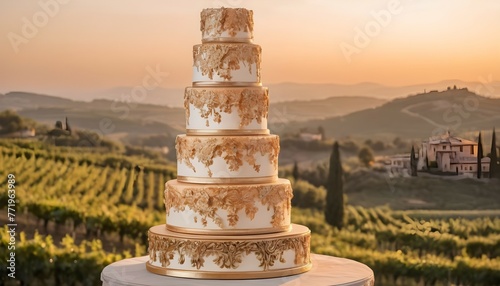 A stunning wedding cake, towering high with tiers embellished in hand-painted details and shimmering metallic accents, bathed in the golden glow of sunset against the silhouette of a picturesque Itali photo
