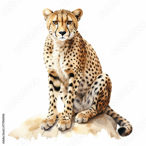 A sitting cheetah watercolor clipart illustration on white background