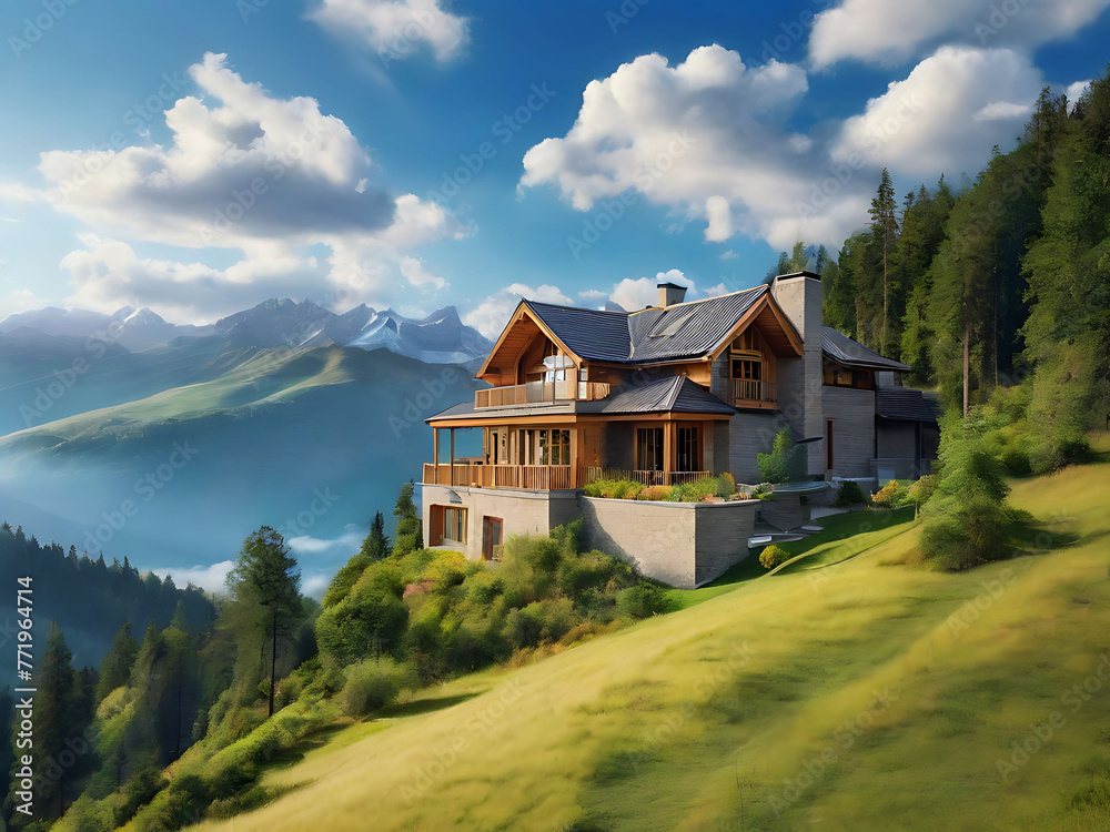 Wooden Retreat in the Mountains , A cozy wooden house sits on a hilltop, surrounded by majestic mountains. Wooden Retreat in the Mountains , A cozy wooden house sits on a hilltop, surrounded by majestic mountains.