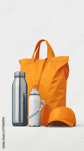 branded cotton tote bag, metal water bottle, cap, white background