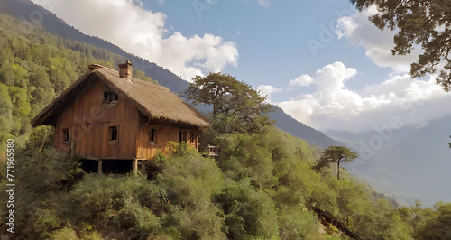 Wooden Retreat in the Mountains , A cozy wooden house sits on a hilltop, surrounded by majestic mountains.