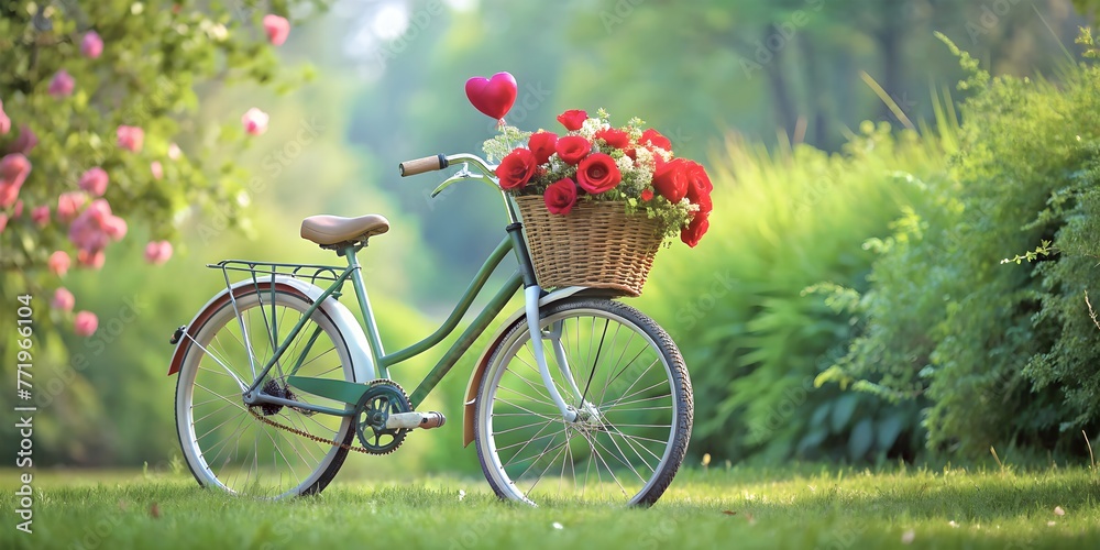 Floral Basket Bike Against Lush Green Background