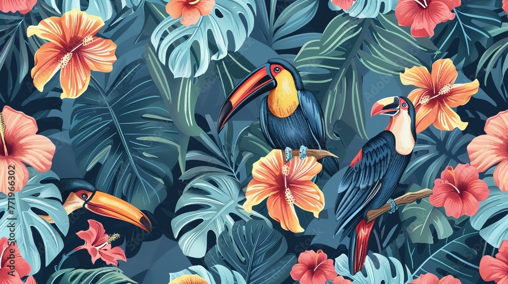 Obraz premium Tropical Retro Design a featuring retrostyle tropical motifs such as palm leaves, hibiscus flowers, and toucans in shades of blue, evoking the laidback and sunny vibes of retro vacations ,clean sharp