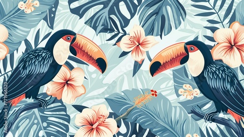 Tropical Retro Design a featuring retrostyle tropical motifs such as palm leaves, hibiscus flowers, and toucans in shades of blue, evoking the laidback and sunny vibes of retro vacations ,clean sharp photo