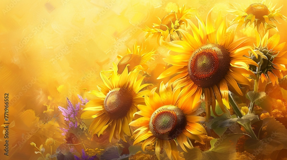 Fototapeta premium Golden Sunflowers Design a showcasing sunflowers in shades of yellow with accents of purple, capturing the warmth and brightness of a sunny summer day ,soft shadowns