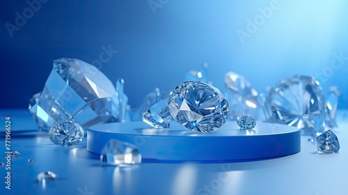 Crystal podium diamond 3d background display glass jewelry product render blue platform