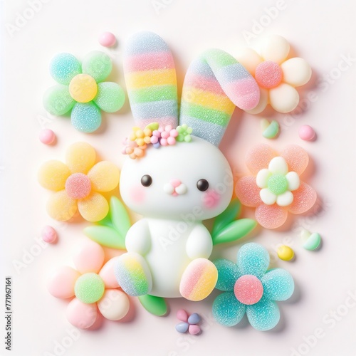 a cute bunny rabbit with flowers made of pastel color rainbow gummy candy on a white background