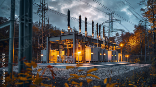 Modern electrical sub station in the evening. Industrial power supply and distribution.