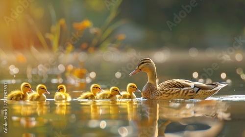 Duckling Family Craft a featuring a family of yellow ducklings following their mother duck Arrange them in various poses, such as swimming, waddling, and pecking