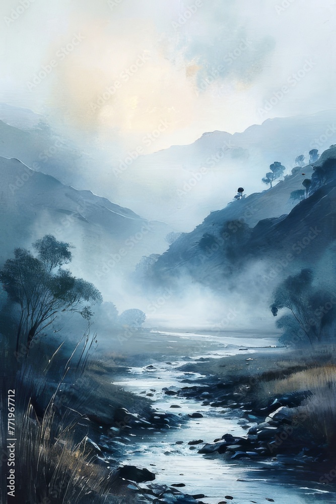 Fototapeta premium a layered lines, misty atmosphere, soft color fields, watercolorist