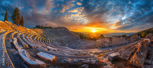 panoramic photo of an ancient Greek theater at sunset, with the sun setting behind it and casting long shadows across its stone walls and terraces photo