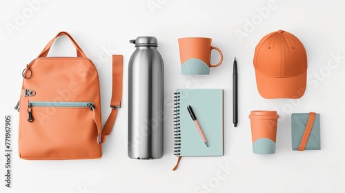 group shot of a metal water bottle, cotton tote bag, pen, notebook, coffee mug, baseball cap and umbrella. white background photo