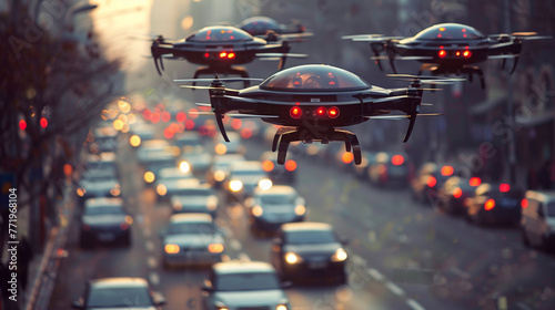 Flying cars in a city, traffic jamb on the ground street.