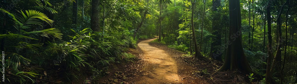 Vibrant scene of a path winding through an eco conscious sustainable forest trekking towards the unknown discovery in every step Vibrant scene of a path winding through an eco conscious sustainable forest trekking towards the unknown discovery in every step