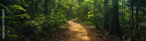 Vibrant scene of a path winding through an eco conscious sustainable forest trekking towards the unknown discovery in every step