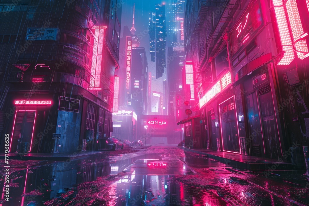 Neon-Lit Cyberpunk Cityscape with Rainy Streets