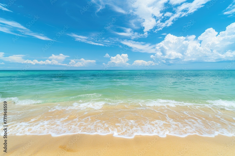 A serene beach scene with turquoise waters and golden sands.
