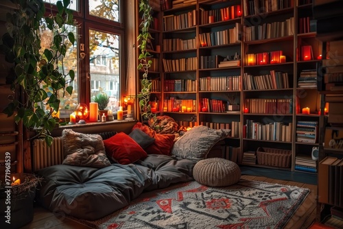 A cozy reading nook with shelves of books.