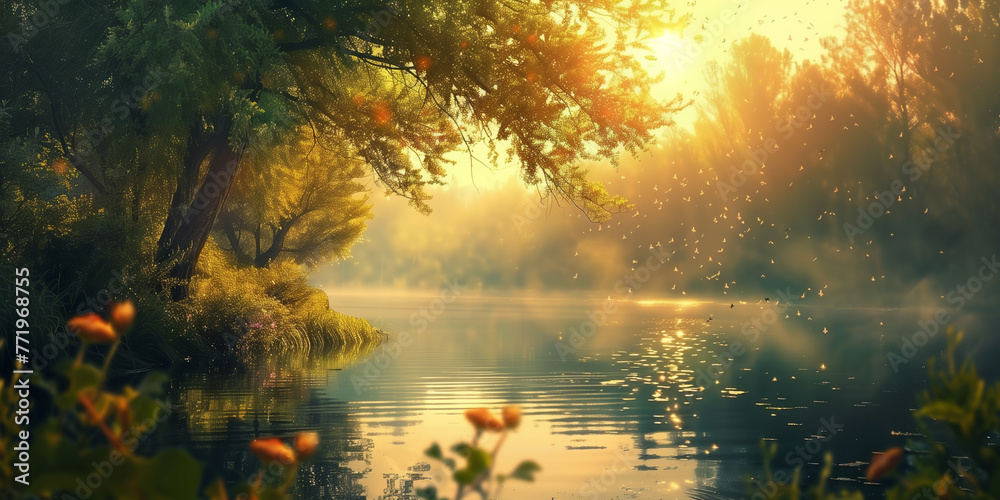 Beautiful nature scene with sunlight shining through the trees, a calm river and flowers in the foreground, misty 