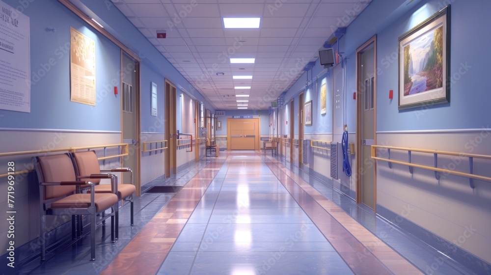 a bright and clean corridor in a hospital.AI generated image