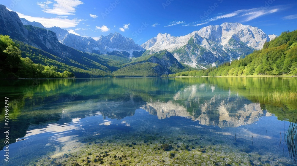 beautiful and calming natural scenery. There is a calm lake, surrounded by green trees and high mountains