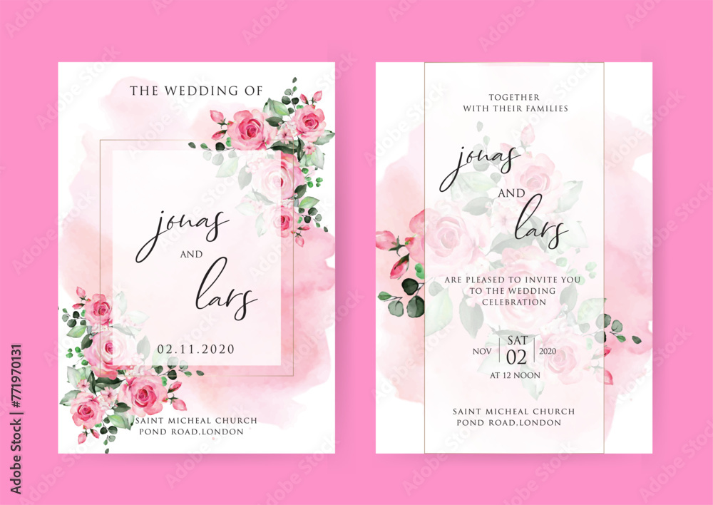 Wedding invitation template set with floral wreath and border. Roses and sakura flowers composition vector for save the date, greeting