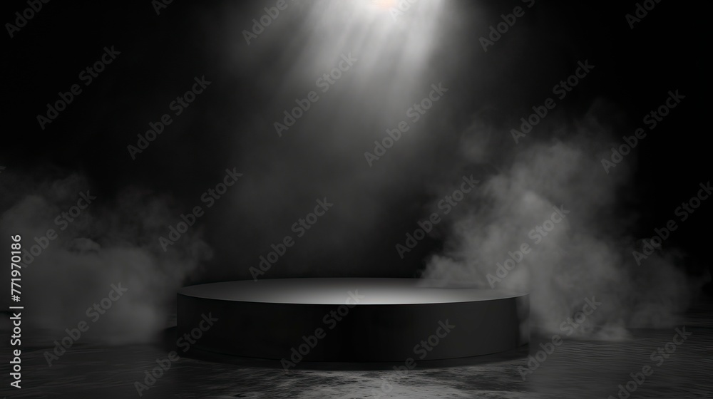 Podium black dark smoke background product platform with Spotlight