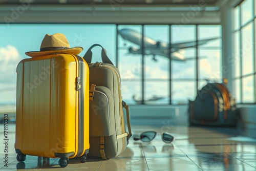 Suitcases wait as planes take off in the background, stirring up excitement and anticipation for the upcoming adventures.
