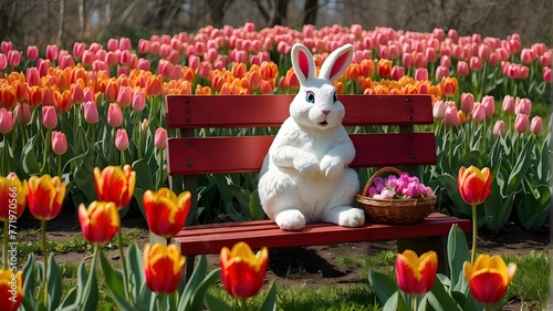 Easter Bunny with tulips on a bench