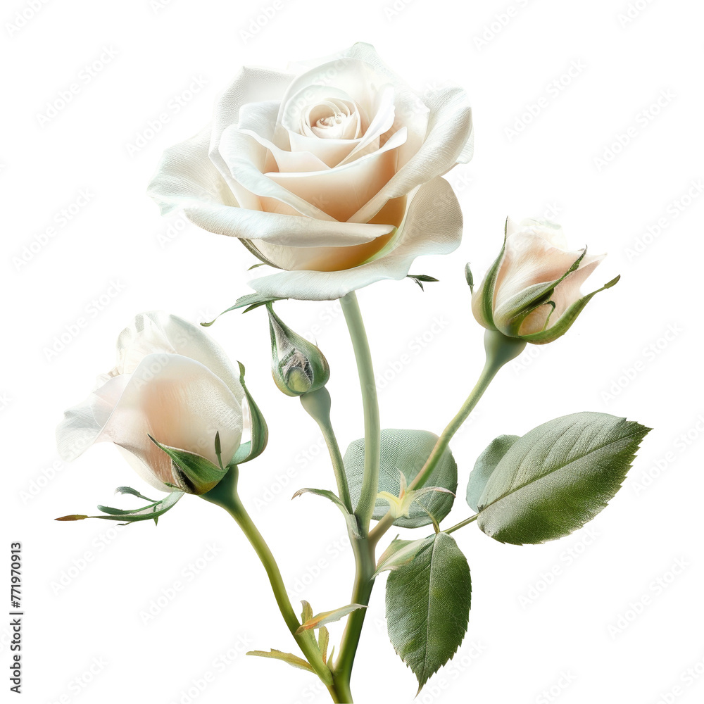 Hybrid tea rose with white petals and green leaves against transparent background