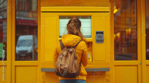 Back view of a woman in a yellow jacket using an automated self-service parcel terminal on a city street..