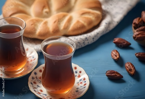 A glass of tea in a traditional tulip-shaped glass and a whole round bread
