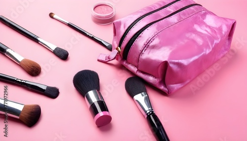 A makeup bag with various makeup brushes photo