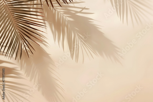 3D studio background in beige color with tropical leaves and shadow for product presentation. Empty background with shadows of palm leaves. 3d room with copy space