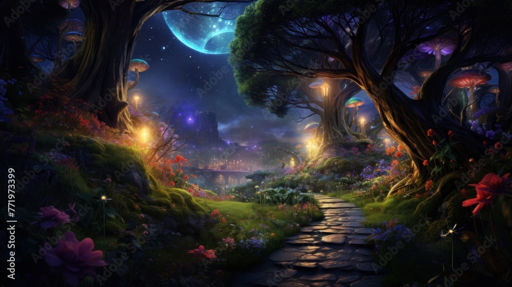 Fototapeta premium Enchanted forest pathway with glowing flora and mystical atmosphere. Fantasy setting.