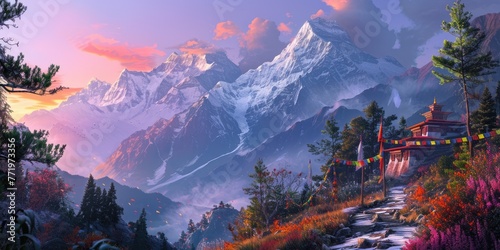 A serene Himalayan landscape at dawn, with snow-capped peaks, prayer flags, and a tranquil monastery. Serene Himalayan landscape, snow-capped peaks. Resplendent.