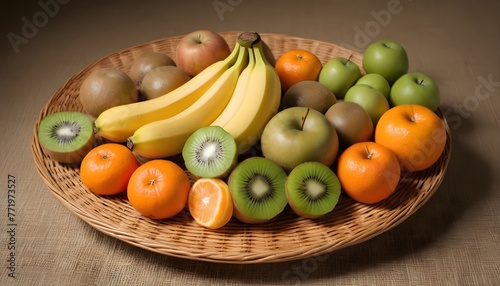 Fruit banana, kiwi, apple, tangerines lie